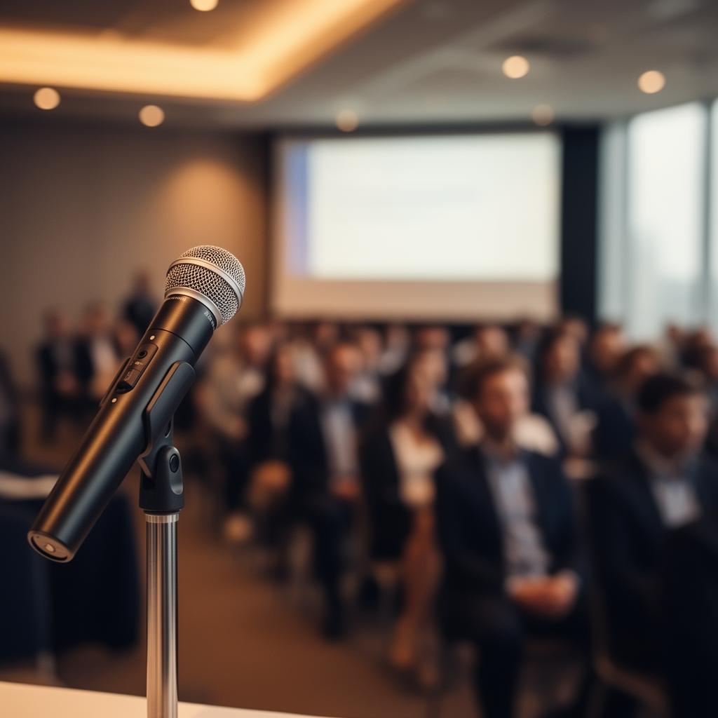 Microfone de palestrante em primeiro plano com plateia corporativa ao fundo